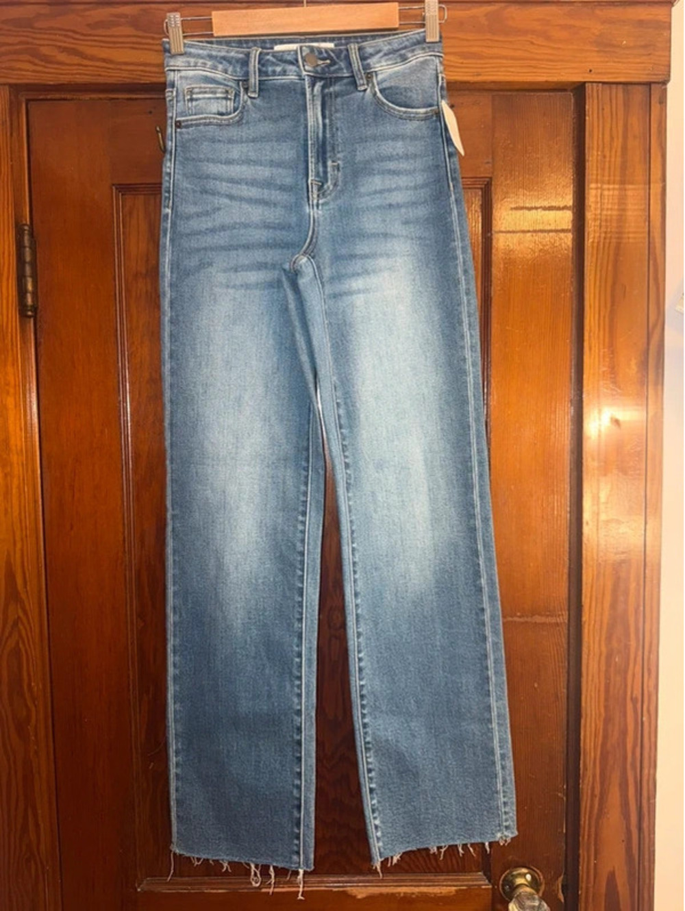 Altar’d State High Rise Straight Leg Raw Hem Jeans Size 24 Medium Wash